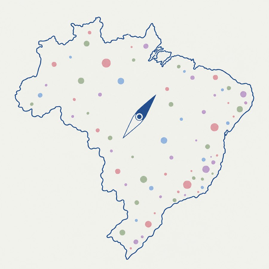 Mapa do Brasil em traço azul com pontos coloridos espalhados e uma agulha de bússola ao centro.